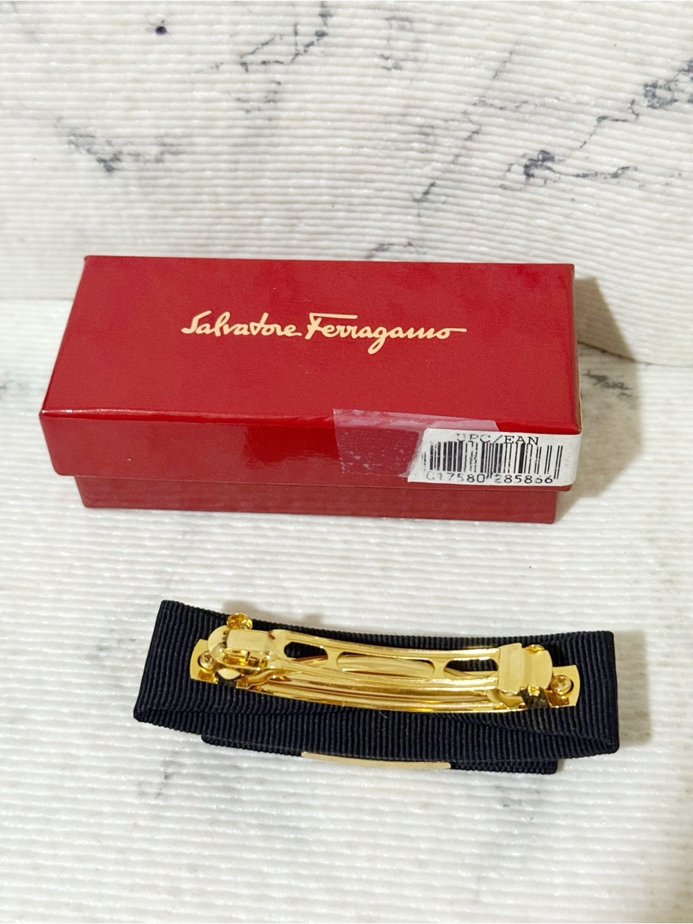Salvatore Ferragamo Black Grosgrain Bow Hair Clip with Gold Plaque - Picture 7 of 11